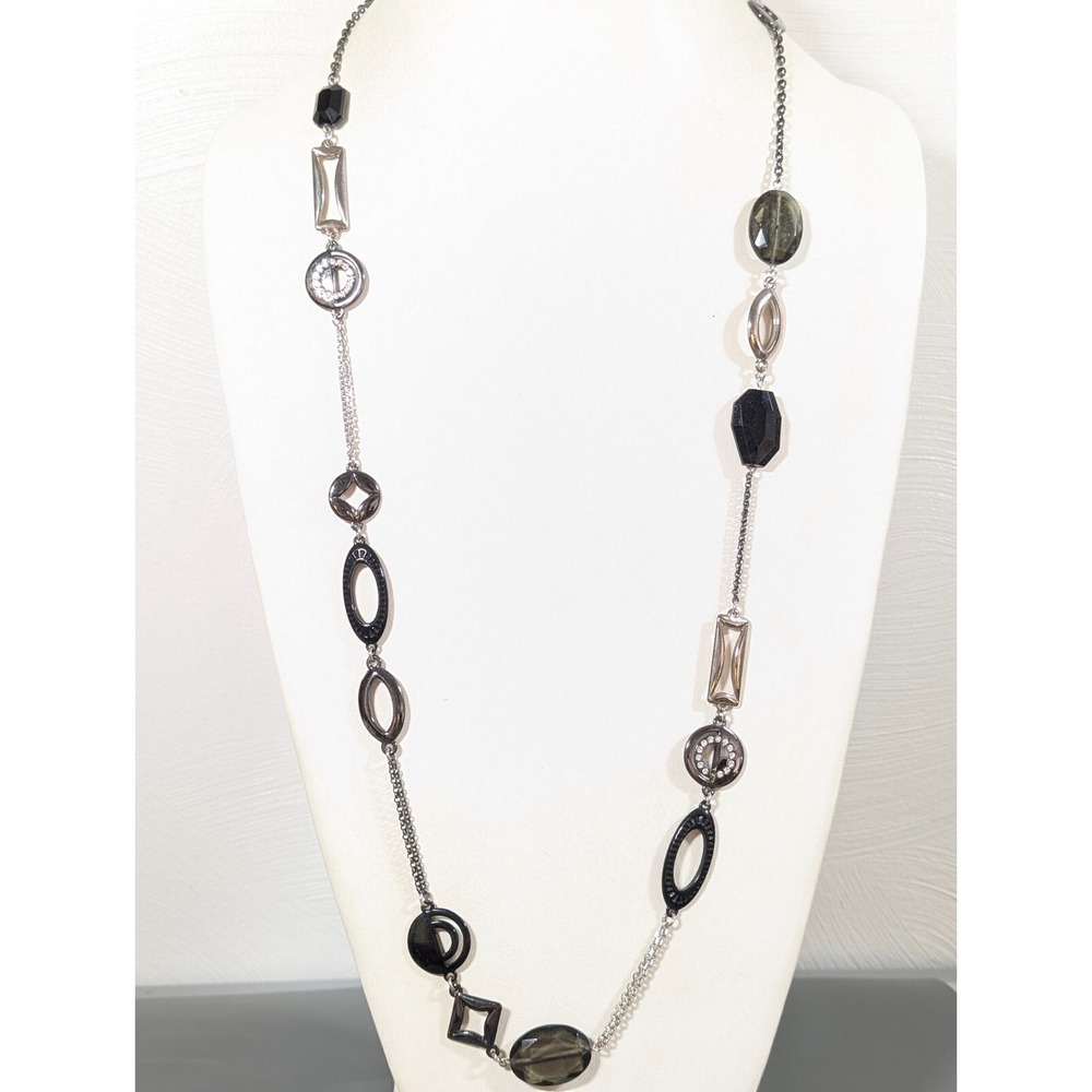Lia Sophia Smoky Gray Glass Rhinestone Station Long‎ Necklace 38" Gunmetal